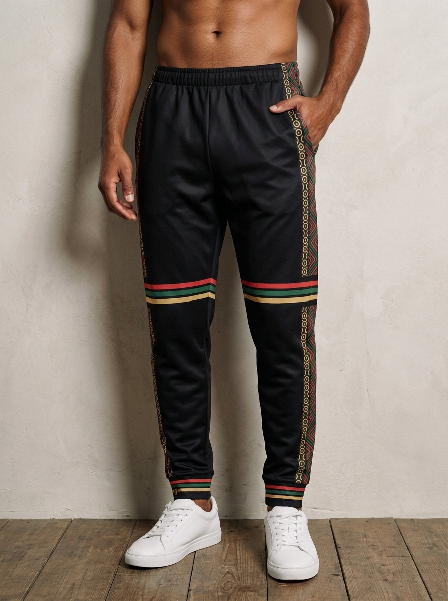 N'Donso™ Men's Joggers in Uhie Red, front view — side-panel Hunter's Road print, three-stripe bands, cuffed legs.