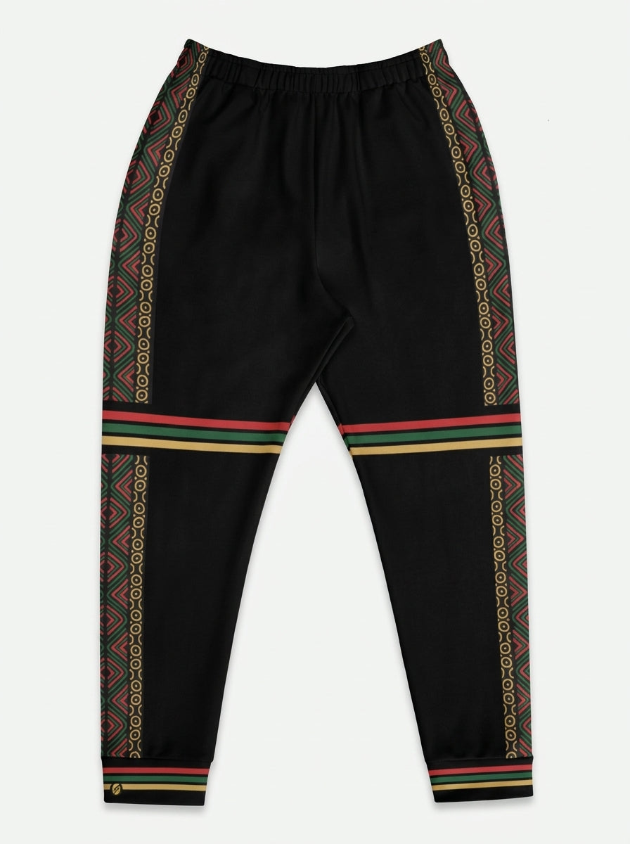 N'Donso™ Men's Joggers in Uhie Red, flat lay — the side-panel Hunter's Road print and three-stripe bands on solid black.