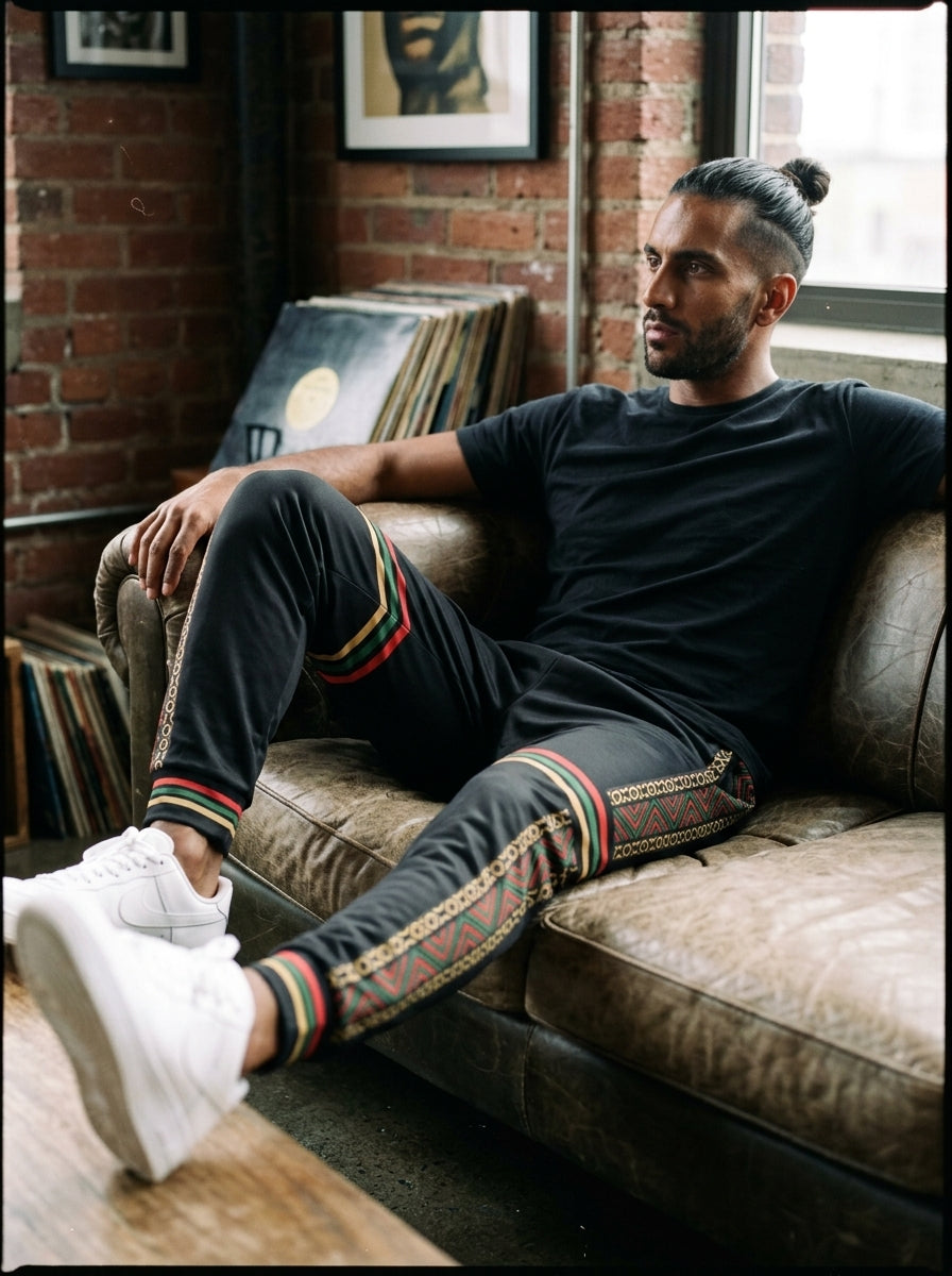 Model in the N'Donso™ Men's Joggers (Uhie Red), relaxed lounge lifestyle shot.