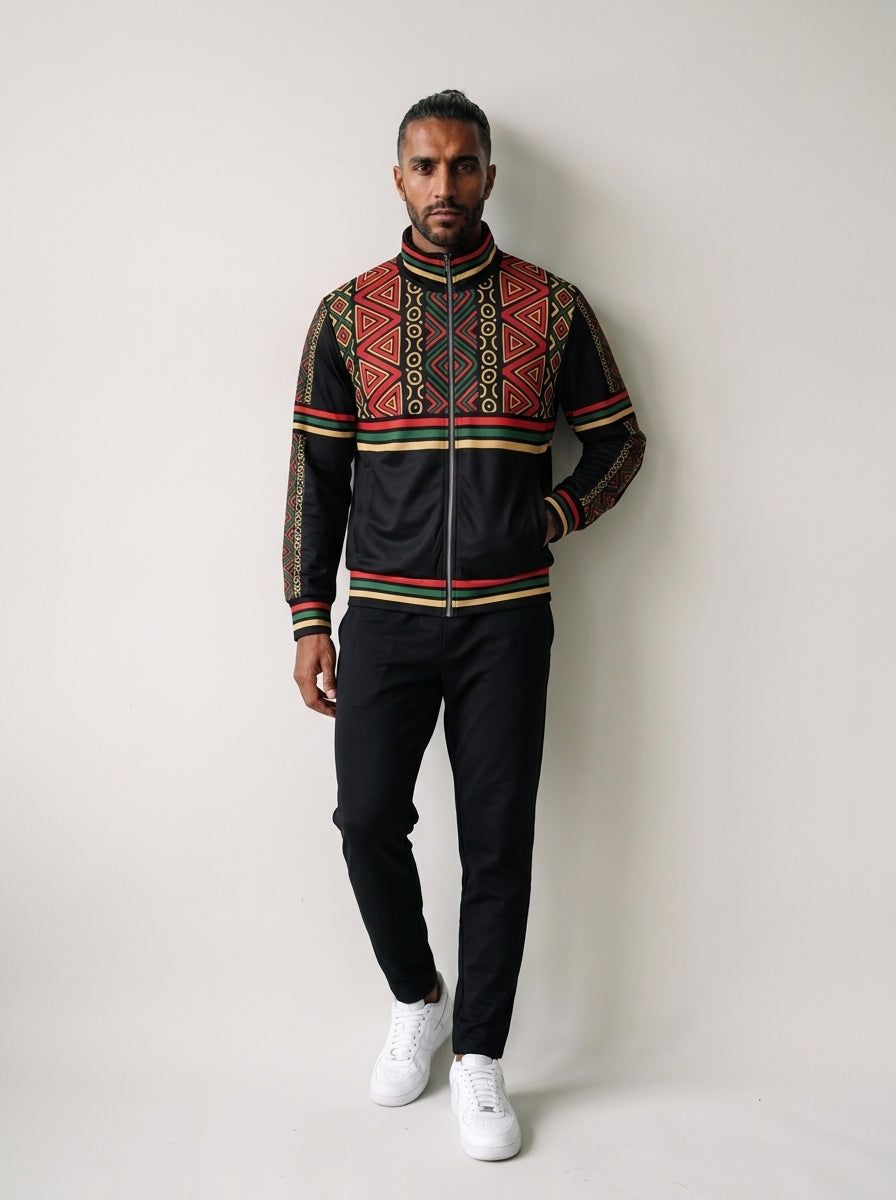 N'Donso™ Track Jacket in Uhie Red, front view — red Hunter's Road print on the shoulders and chest with a three-stripe band, full-length sleeve stripes, and a solid black collar, cuffs and hem over a full-zip front.