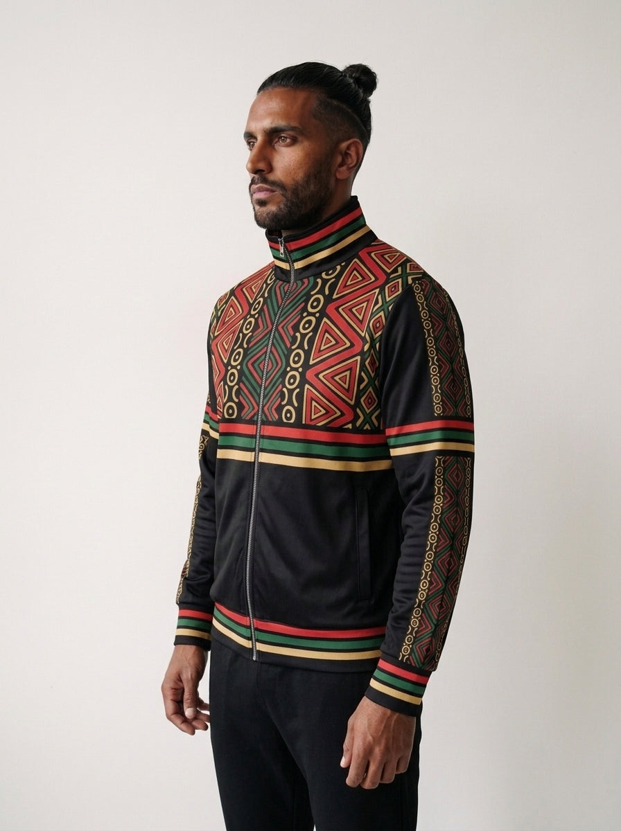 N'Donso™ Track Jacket in Uhie Red, three-quarter left view — relaxed full-zip fit with a sleeve stripe.