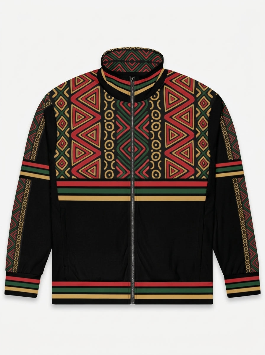 N'Donso™ Track Jacket in Uhie Red, flat lay — the full Hunter's Road print, chest band and solid trim.