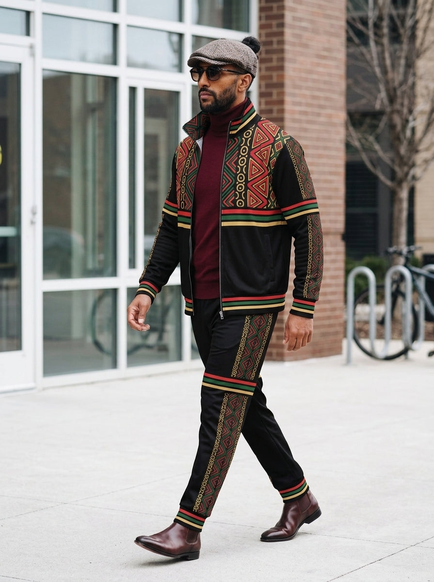 Model wearing the N'Donso™ Track Jacket in Uhie Red, editorial lifestyle shot.