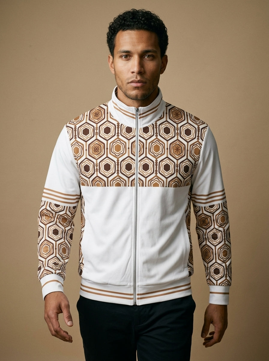 AnanseNova™ Statement Track Jacket in Ocha White — front view on model, hexagon web-cell yoke, stand collar and triple-stripe trim on a full-zip track jacket