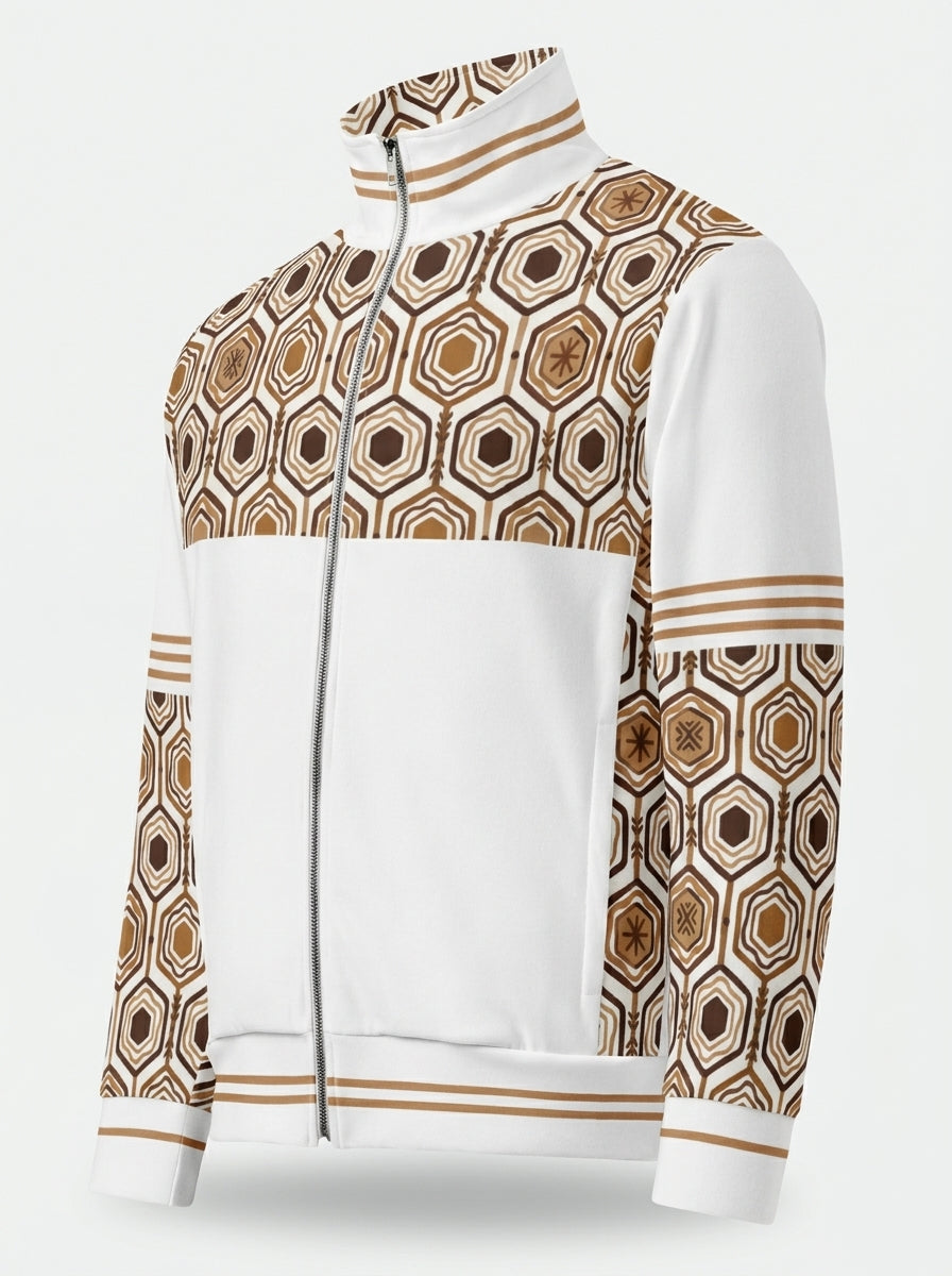 AnanseNova™ Statement Track Jacket in Ocha White — ghost mannequin view of the full-zip track jacket, hexagon yoke and forearms with solid body