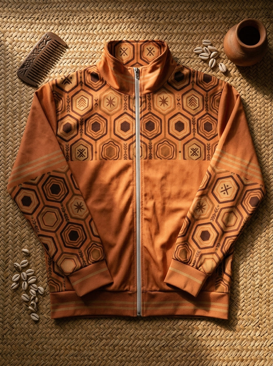 AnanseNova™ Statement Track Jacket in Sango Orange — styled flat lay of the full-zip track jacket with hexagon print, laid on woven textiles
