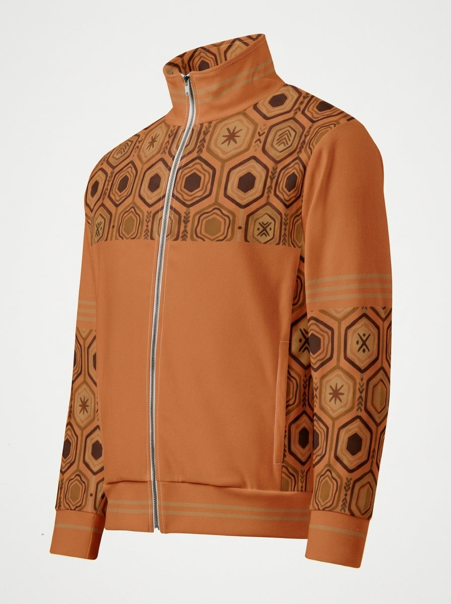 AnanseNova™ Statement Track Jacket in Sango Orange — ghost mannequin view of the full-zip track jacket, hexagon yoke and forearms with solid body