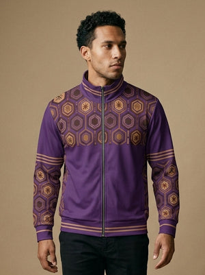 AnanseNova™ Statement Track Jacket in Ugo Purple — front view on model, hexagon web-cell yoke, stand collar and triple-stripe trim on a full-zip track jacket
