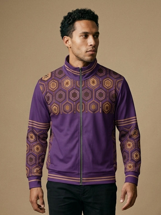 AnanseNova™ Statement Track Jacket in Ugo Purple — front view on model, hexagon web-cell yoke, stand collar and triple-stripe trim on a full-zip track jacket