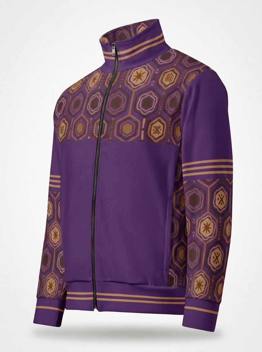 AnanseNova™ Statement Track Jacket in Ugo Purple — ghost mannequin view of the full-zip track jacket, hexagon yoke and forearms with solid body