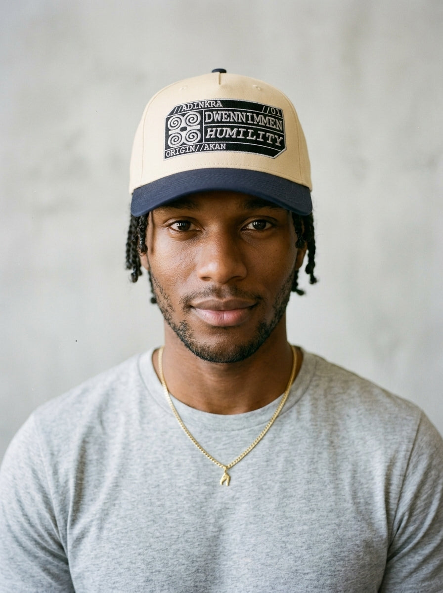 Adinkra // Humility Two-Tone Cap in Anụnụ Blue/Owu Natural — front view — SunBorn