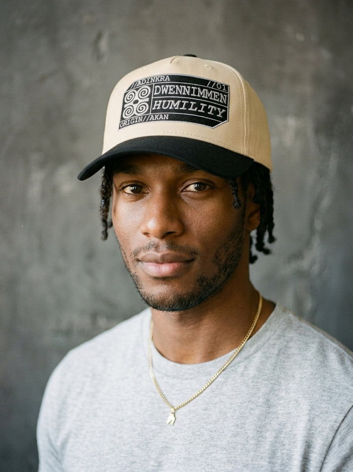 Adinkra // Humility Two-Tone Cap in Oji Black/Owu Natural — front view — SunBorn