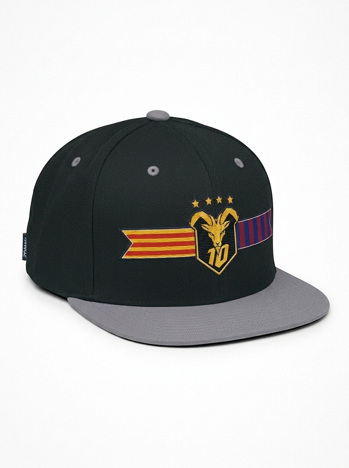 GOAT Catalan two-tone snapback in Oji Black / Ọnwa Silver, three-quarter left view — structured crown and flat brim.