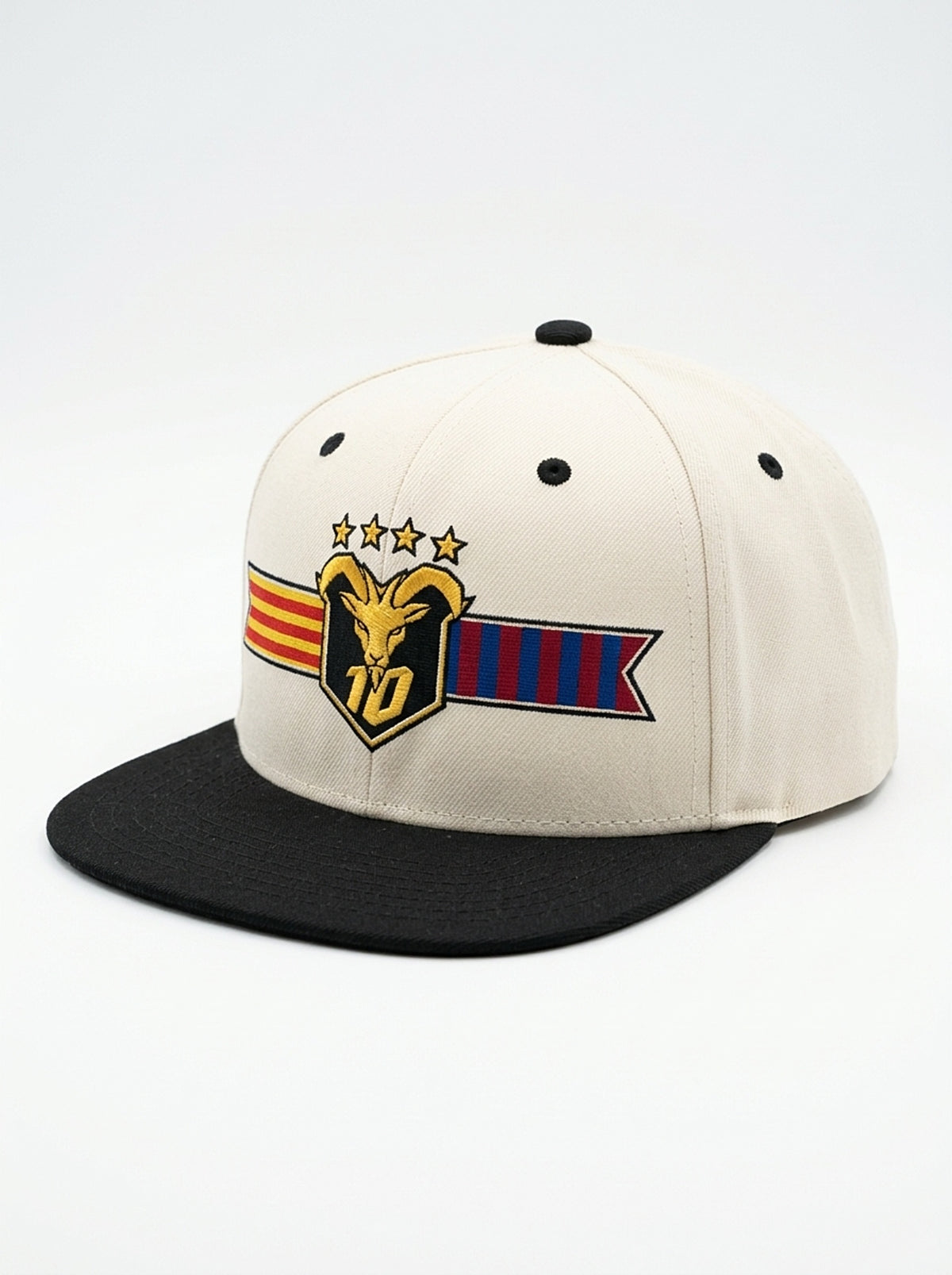 GOAT Catalan two-tone snapback in Ocha White / Oji Black, three-quarter right view.