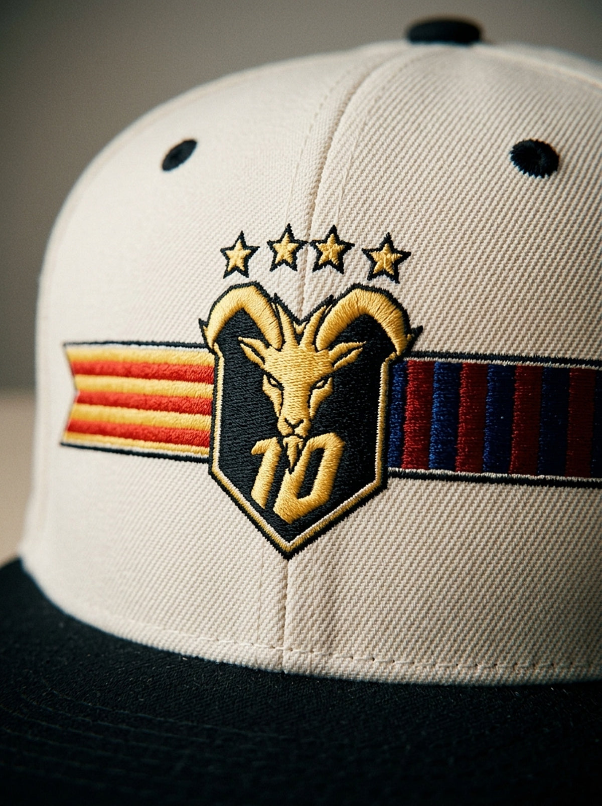 Close-up of the unlimited-colour embroidery on the GOAT Catalan two-tone snapback in Ocha White / Oji Black — gold goat, No. 10 and the split Senyera and blaugrana banner.