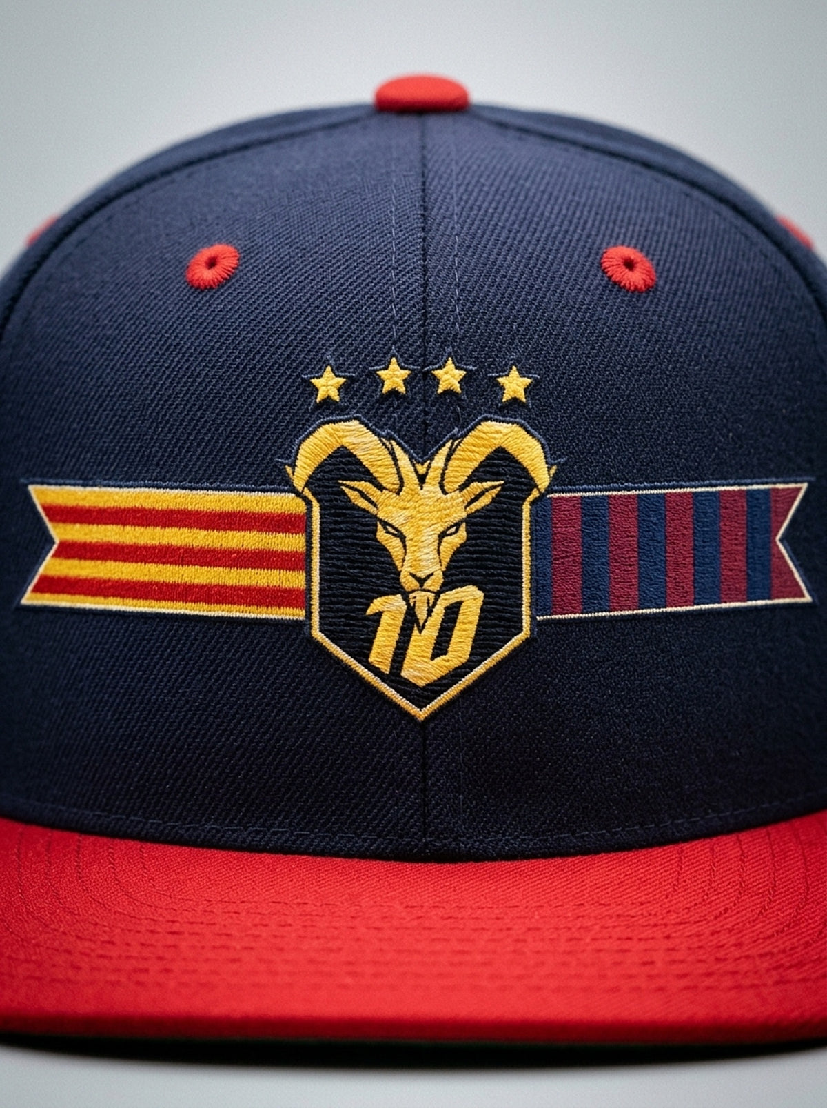 Close-up of the unlimited-colour embroidery on the GOAT Catalan two-tone snapback in Anụnụ Blue / Uhie Red — gold goat, No. 10 and the split Senyera and blaugrana banner.