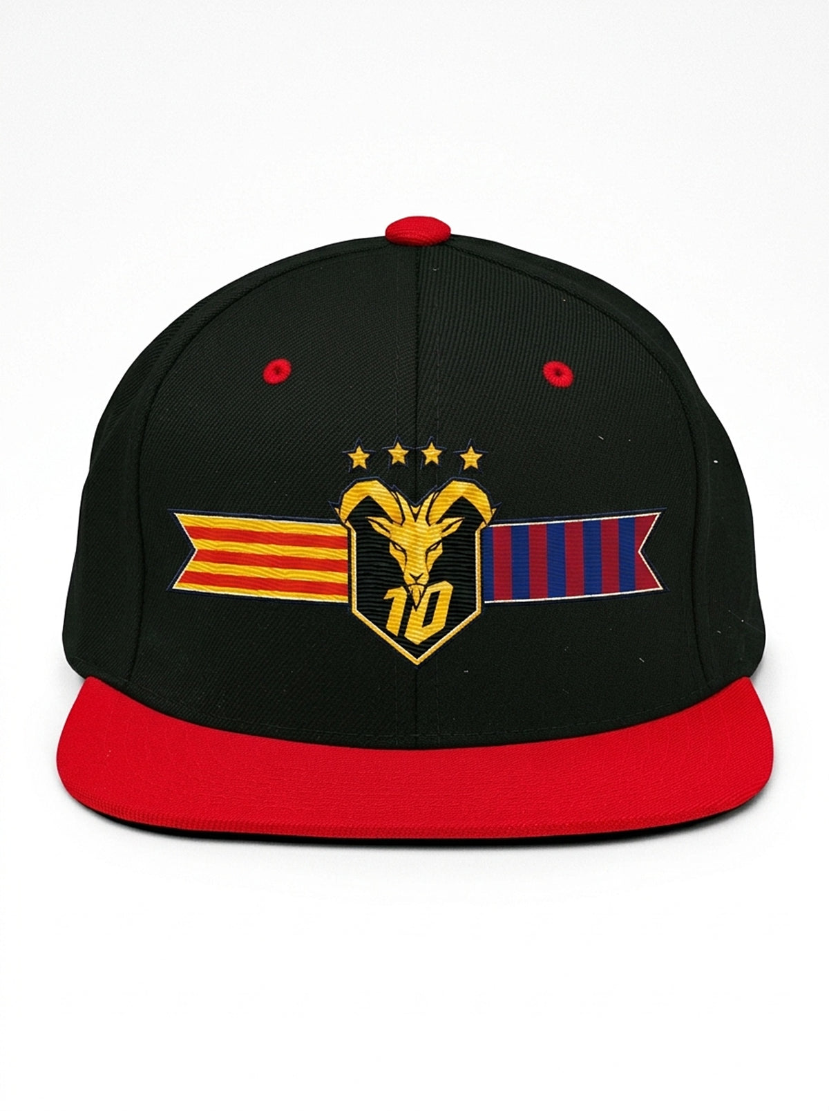 GOAT Catalan two-tone snapback in Oji Black / Uhie Red, front view — the full-colour Catalan crest on the crown: gold goat, No. 10, four stars, split Senyera and blaugrana banner.