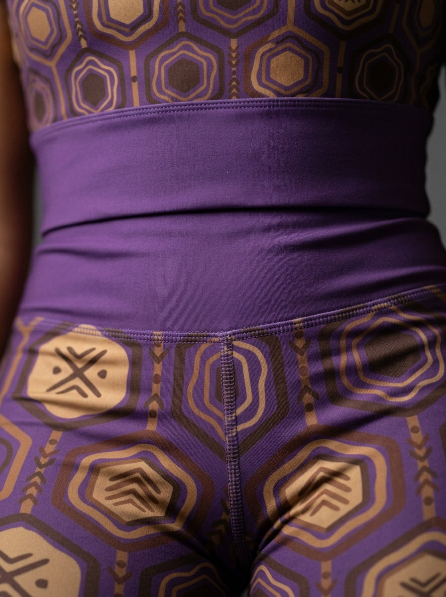 Close-up of the Ugo Purple AnanseNova™ hexagon web-cell print, sublimated on AsaseFlex™ stretch fabric at the seam