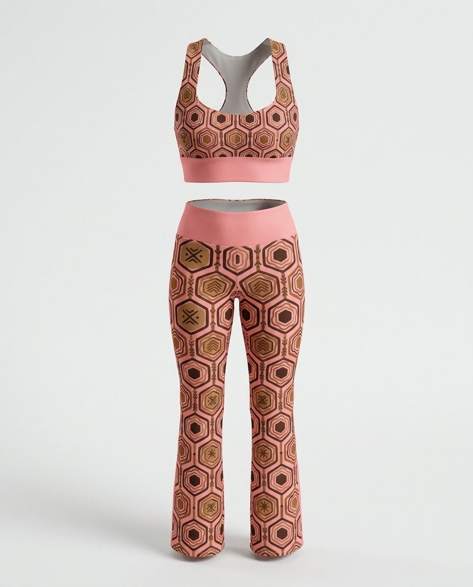 Adaeze Pink AnanseNova™ Longline Sports Bra and Flare Leggings on a ghost mannequin, back view