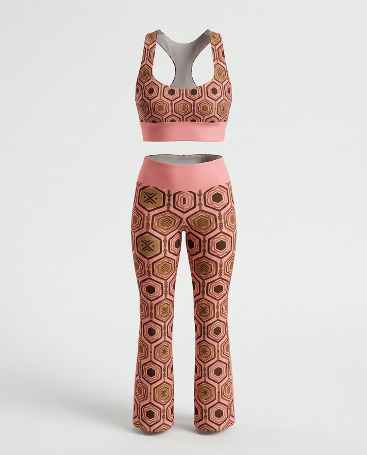 Adaeze Pink AnanseNova™ Longline Sports Bra and Flare Leggings on a ghost mannequin, back view