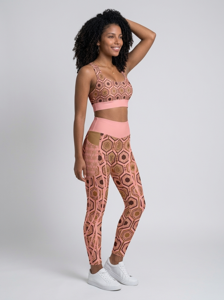 AnanseNova™ Set // Bra + Pocket Leggings in Adaeze Pink — three-quarter right view on model, matching longline bra and pocket leggings