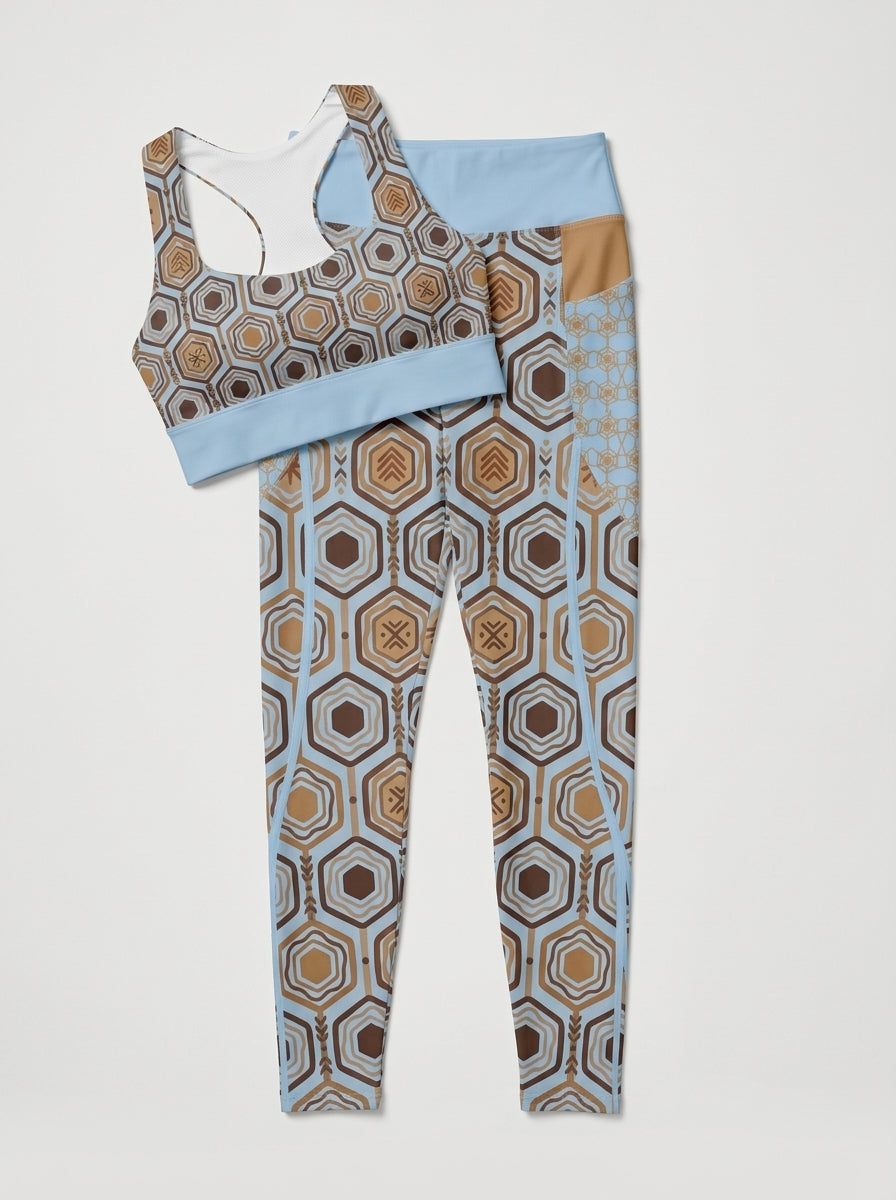 AnanseNova™ Set // Bra + Pocket Leggings in Igwe Blue — clean flat lay of the matching longline sports bra and pocket leggings