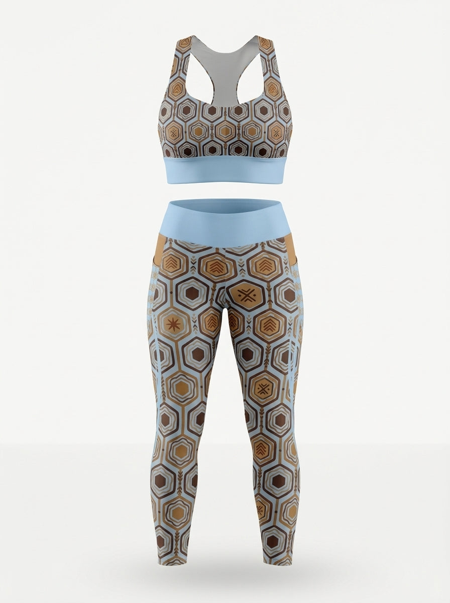 AnanseNova™ Set // Bra + Pocket Leggings in Igwe Blue — ghost mannequin front view, longline sports bra and high-waisted pocket leggings with solid waistband