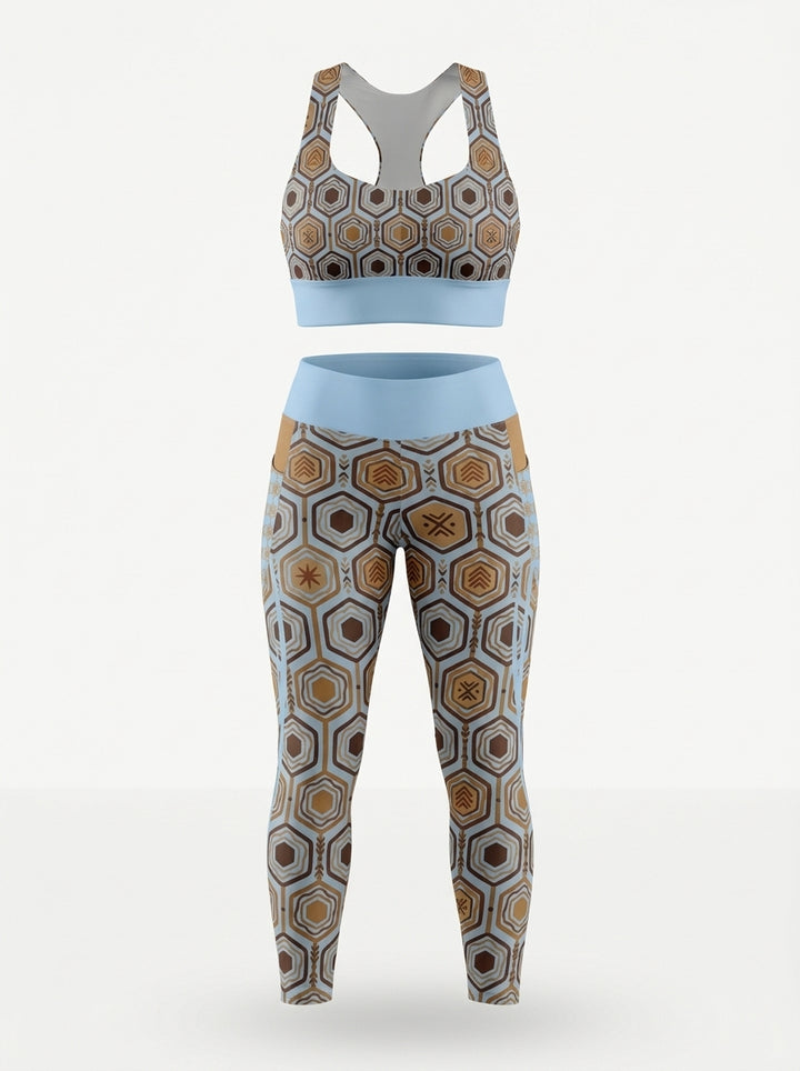 AnanseNova™ Set // Bra + Pocket Leggings in Igwe Blue — ghost mannequin front view, longline sports bra and high-waisted pocket leggings with solid waistband