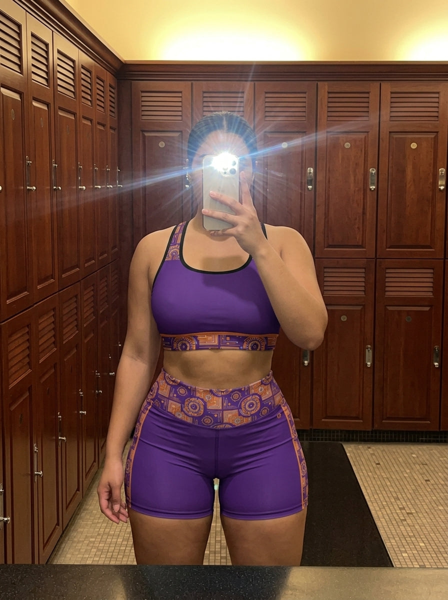 Sankofa bra and shorts set — UGC mirror selfie in gym locker room — real fit — SunBorn