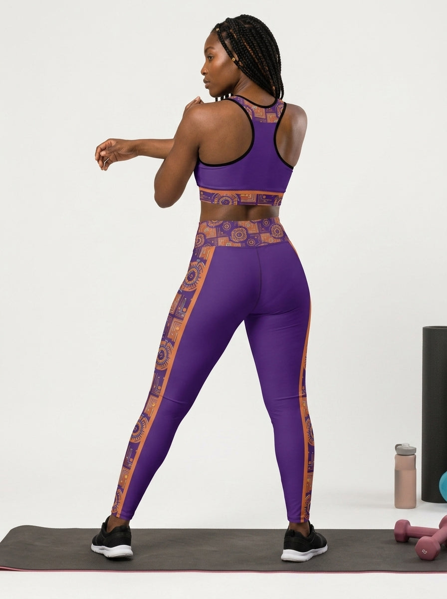 Sankofa Set // Bra + Leggings — Royal Purple colorway — rear fit check on a yoga mat — SunBorn