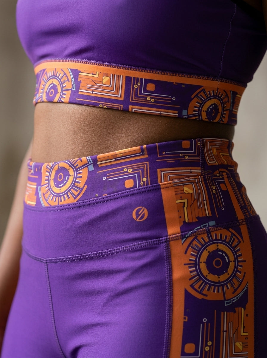 Sankofa Set // Bra + Leggings — Royal Purple colorway — macro seam and waistband detail close-up — SunBorn