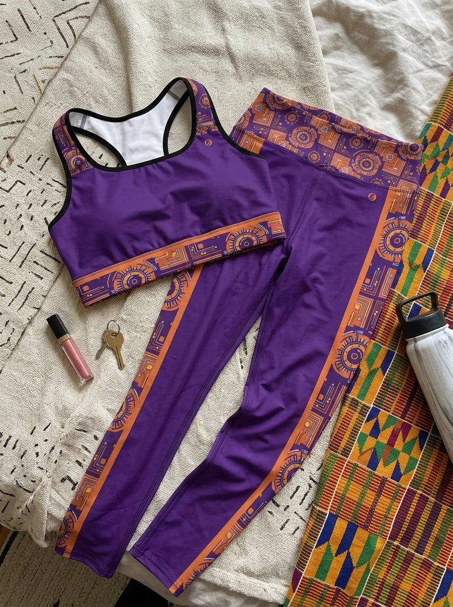 Sankofa Set // Bra + Leggings — Royal Purple colorway — flat lay with lifestyle accessories — SunBorn