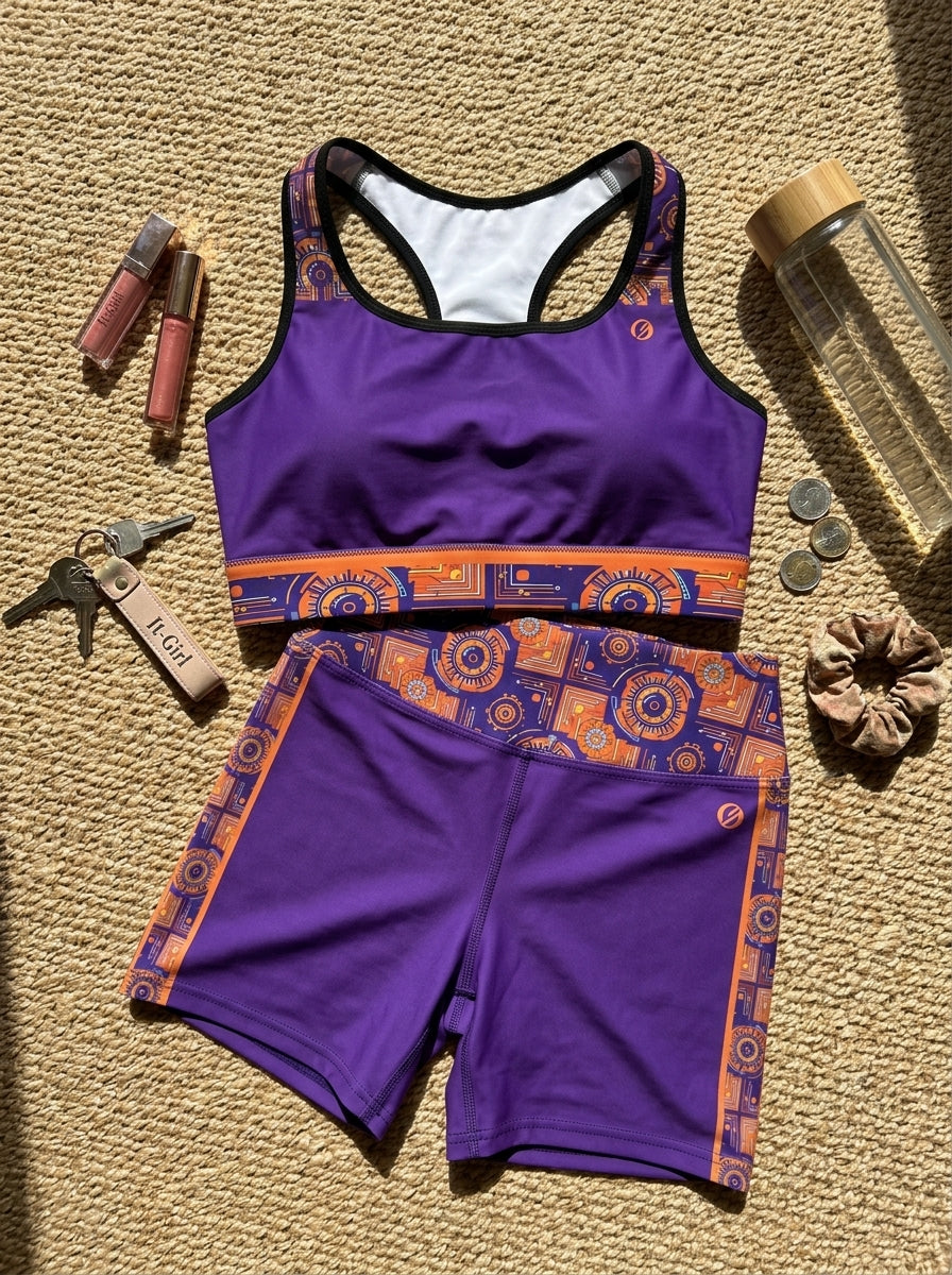 Sankofa bra and shorts set — flat lay with lifestyle accessories — Helix Loom purple circuit pattern — SunBorn