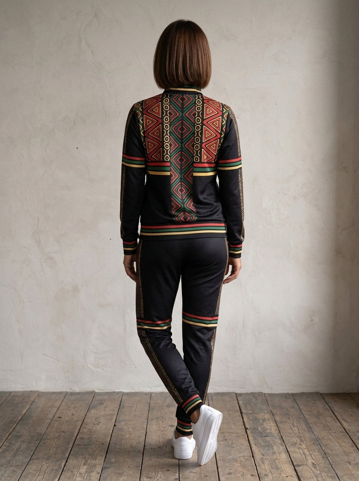 N'Donso™ Women's Track Jacket + Joggers set in Uhie Red, back view with chest-band and sleeve stripes