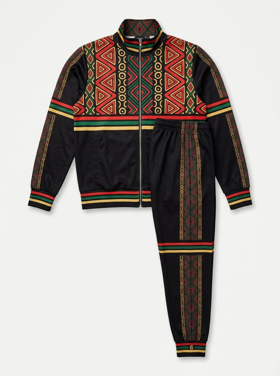 N'Donso™ Women's Track Jacket + Joggers set in Uhie Red laid out together