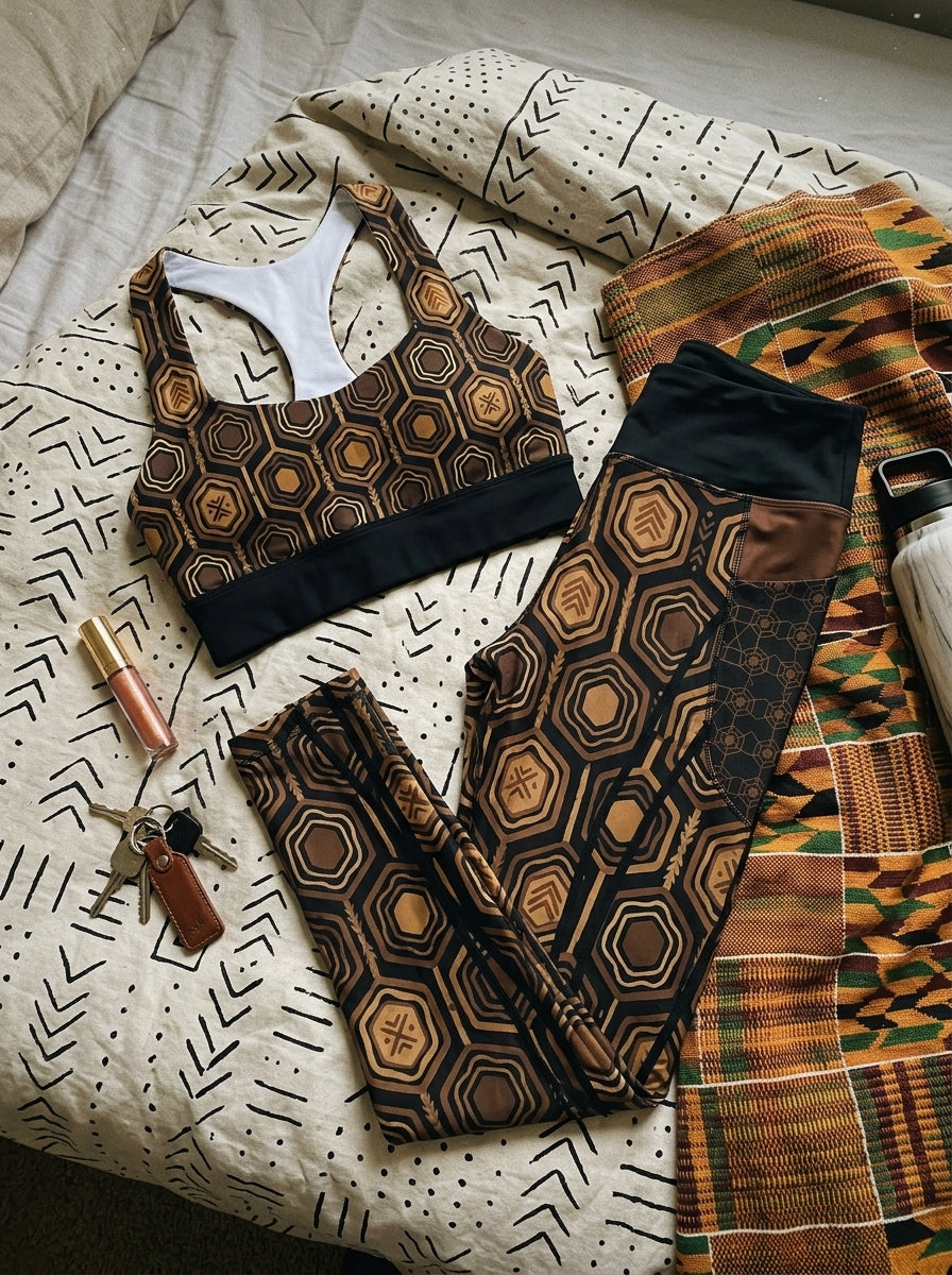 AnanseNova™ Set // Bra + Pocket Leggings in Oji Black — styled flat lay of the matching bra and pocket leggings with kente and mudcloth textiles
