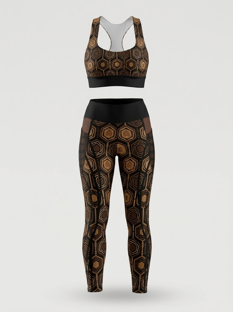 AnanseNova™ Set // Bra + Pocket Leggings in Oji Black — ghost mannequin front view, longline sports bra and high-waisted pocket leggings with solid waistband