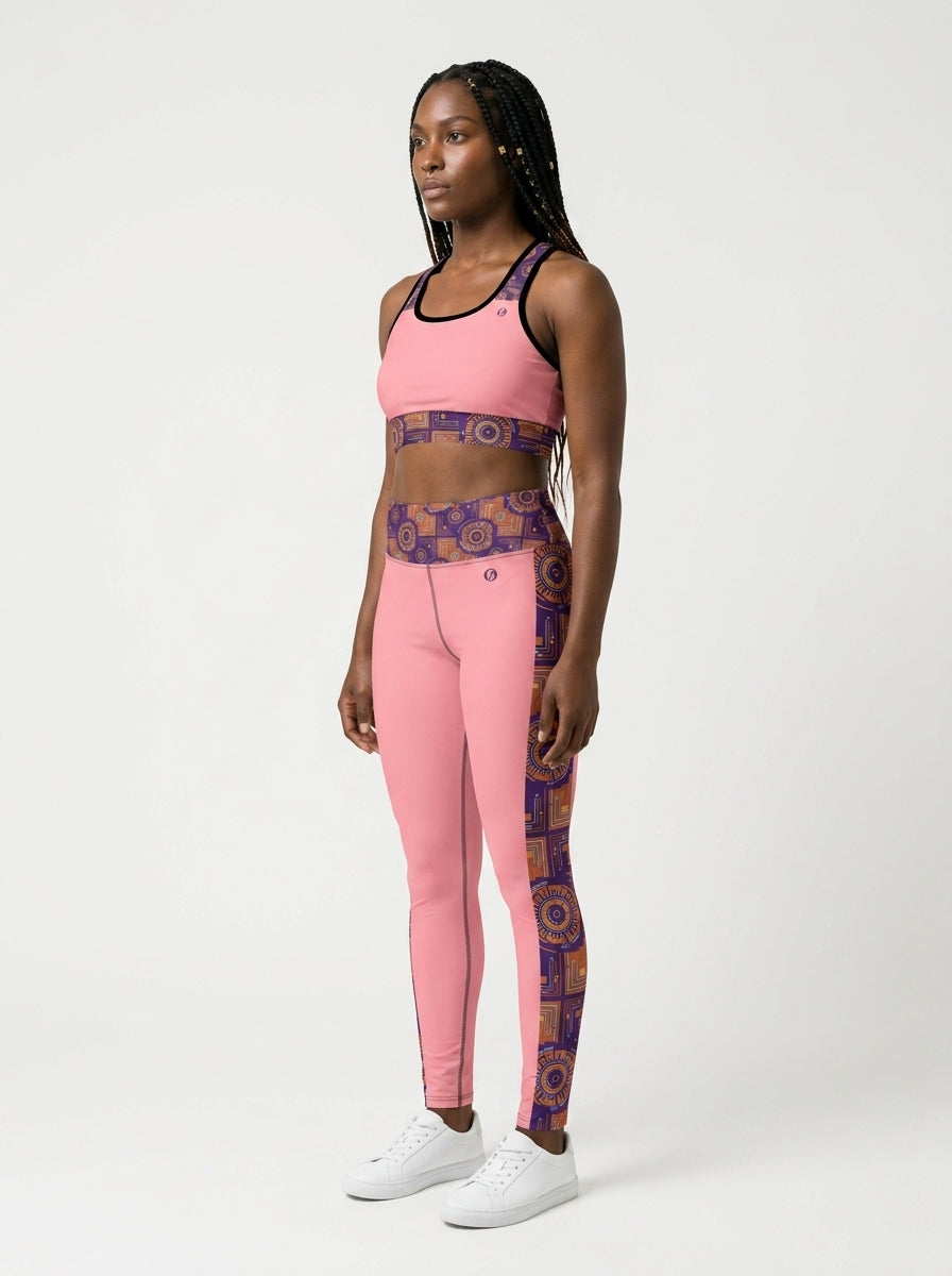 Sankofa Set // Bra + Leggings — Adaeze Pink colorway — three-quarter angle, left — SunBorn