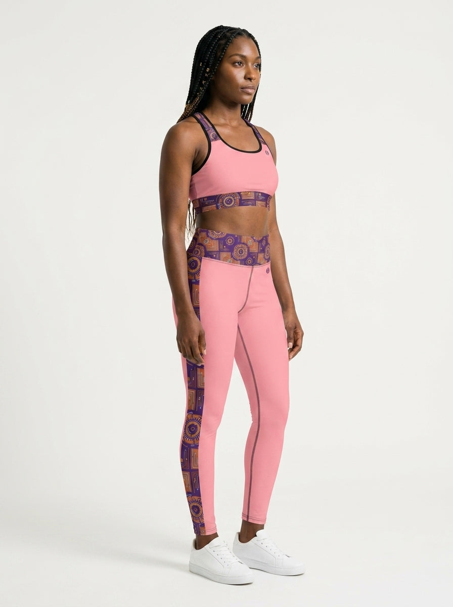 Sankofa Set // Bra + Leggings — Adaeze Pink colorway — three-quarter angle, right — SunBorn