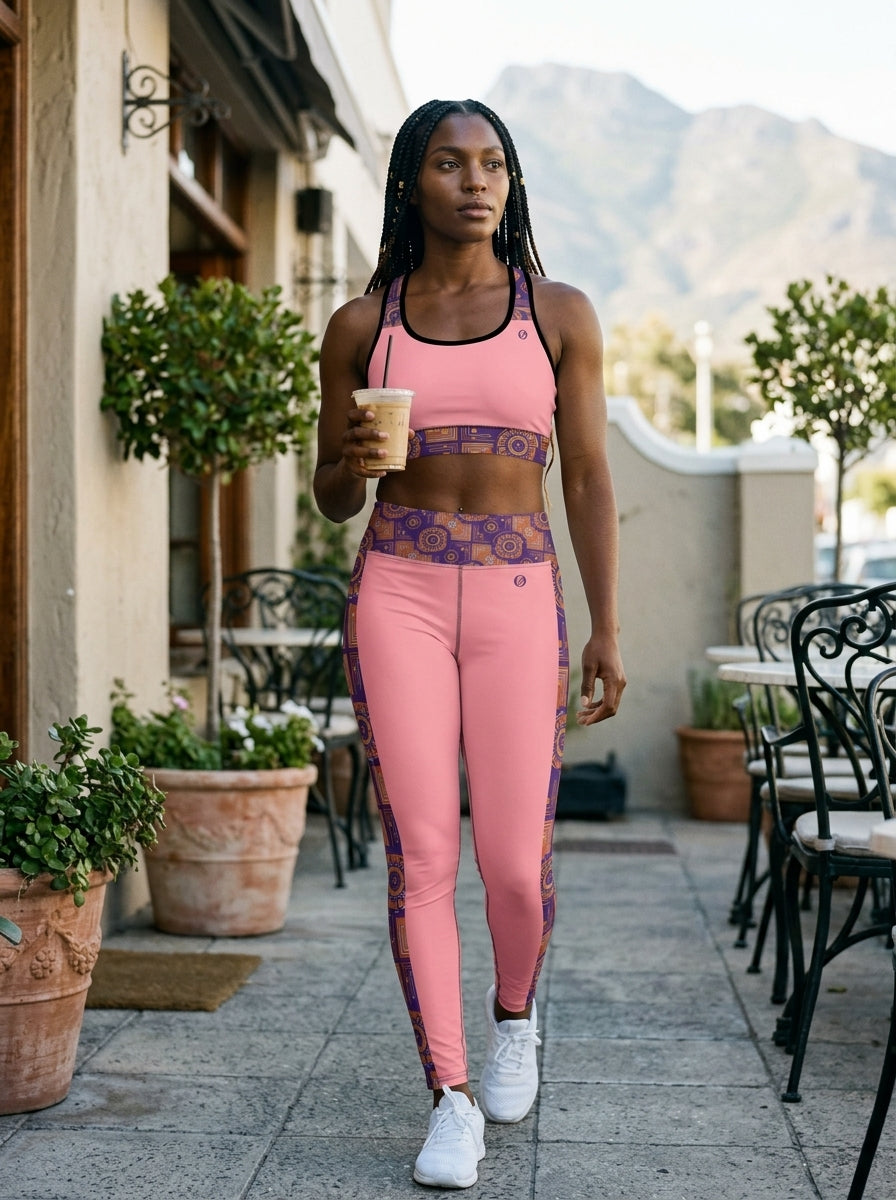 Sankofa Set // Bra + Leggings — Adaeze Pink colorway — outdoor candid shot — SunBorn