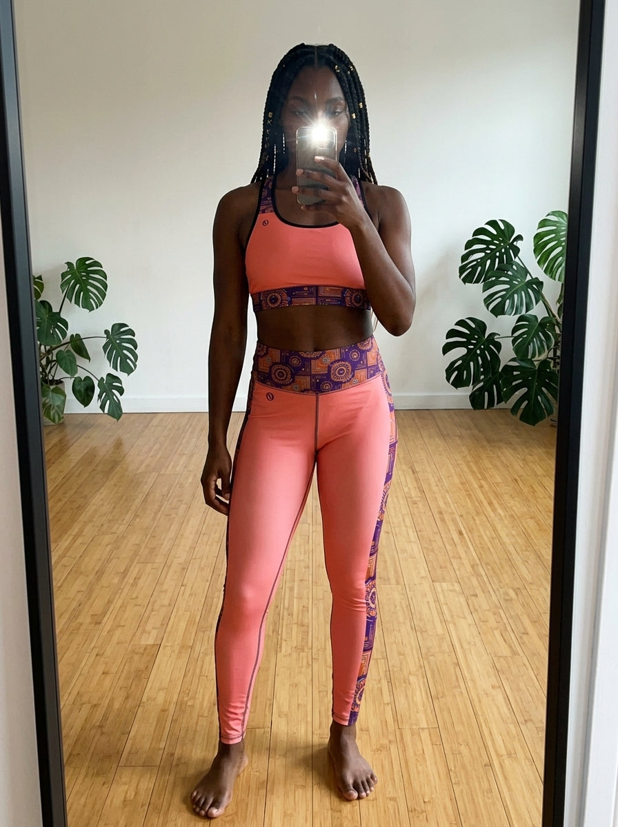 Sankofa Set // Bra + Leggings — Adaeze Pink colorway — UGC mirror selfie in gym locker room, real fit — SunBorn