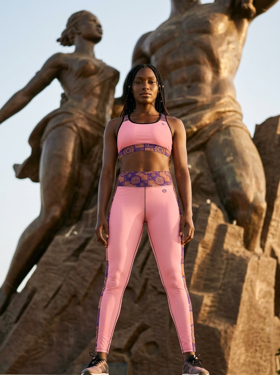 Sankofa Set // Bra + Leggings — Adaeze Pink colorway — editorial golden hour portrait — SunBorn