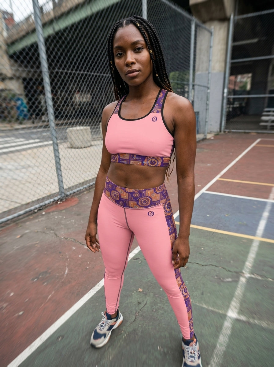Sankofa Set // Bra + Leggings — Adaeze Pink colorway — studio front view, wide framing — SunBorn
