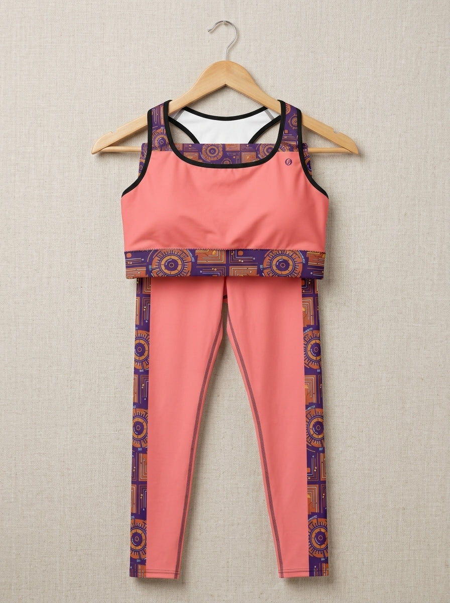 Sankofa Set // Bra + Leggings — Adaeze Pink colorway — flat lay with lifestyle accessories — SunBorn