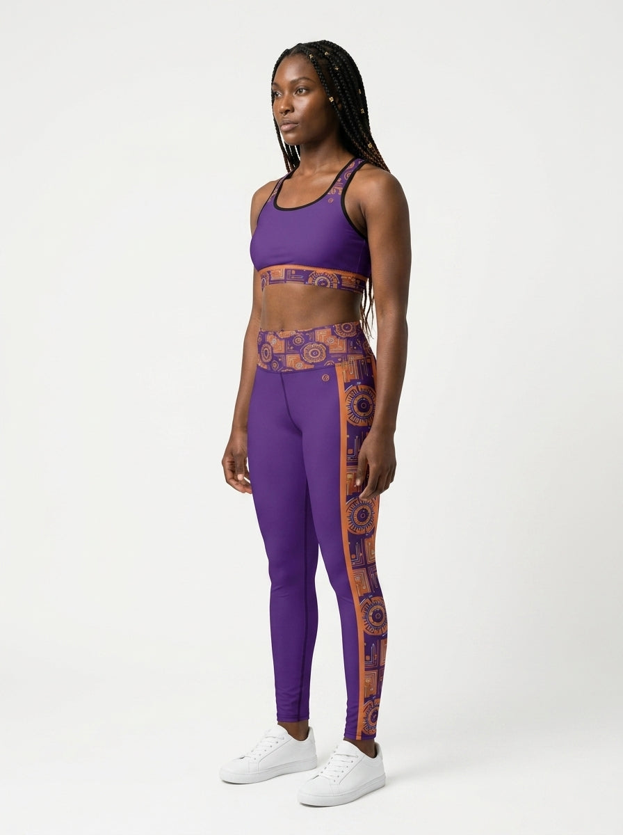 Sankofa Set // Bra + Leggings — Royal Purple colorway — three-quarter angle, left — SunBorn