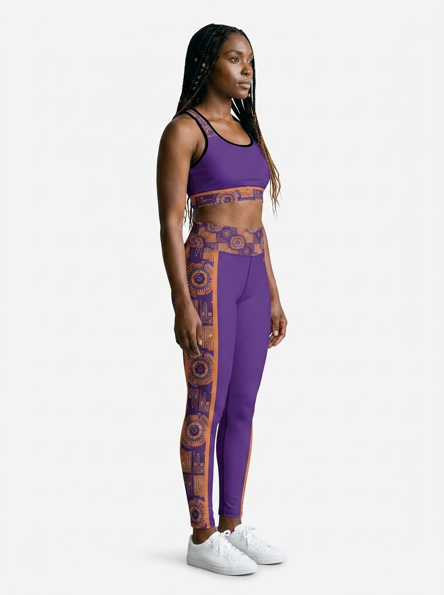 Sankofa Set // Bra + Leggings — Royal Purple colorway — three-quarter angle, right — SunBorn