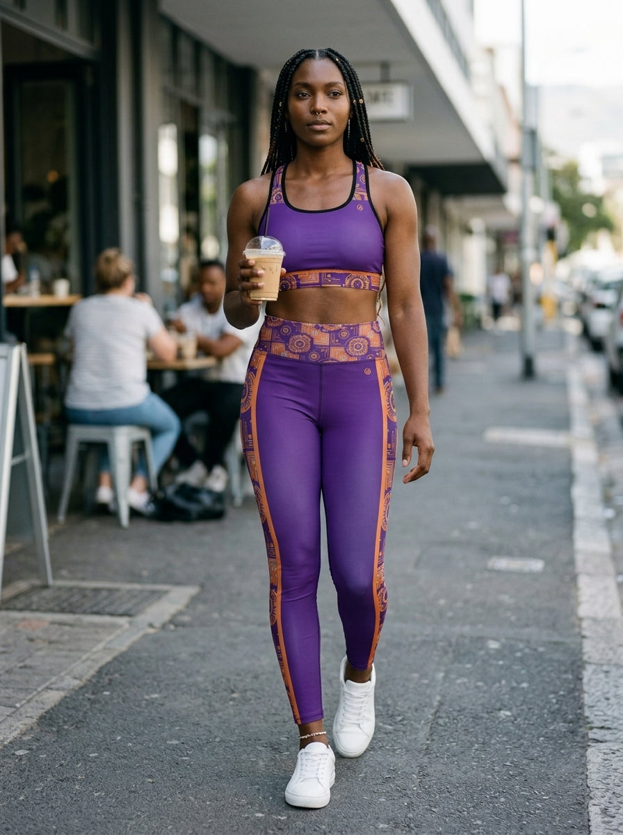Sankofa Set // Bra + Leggings — Royal Purple colorway — outdoor candid shot — SunBorn