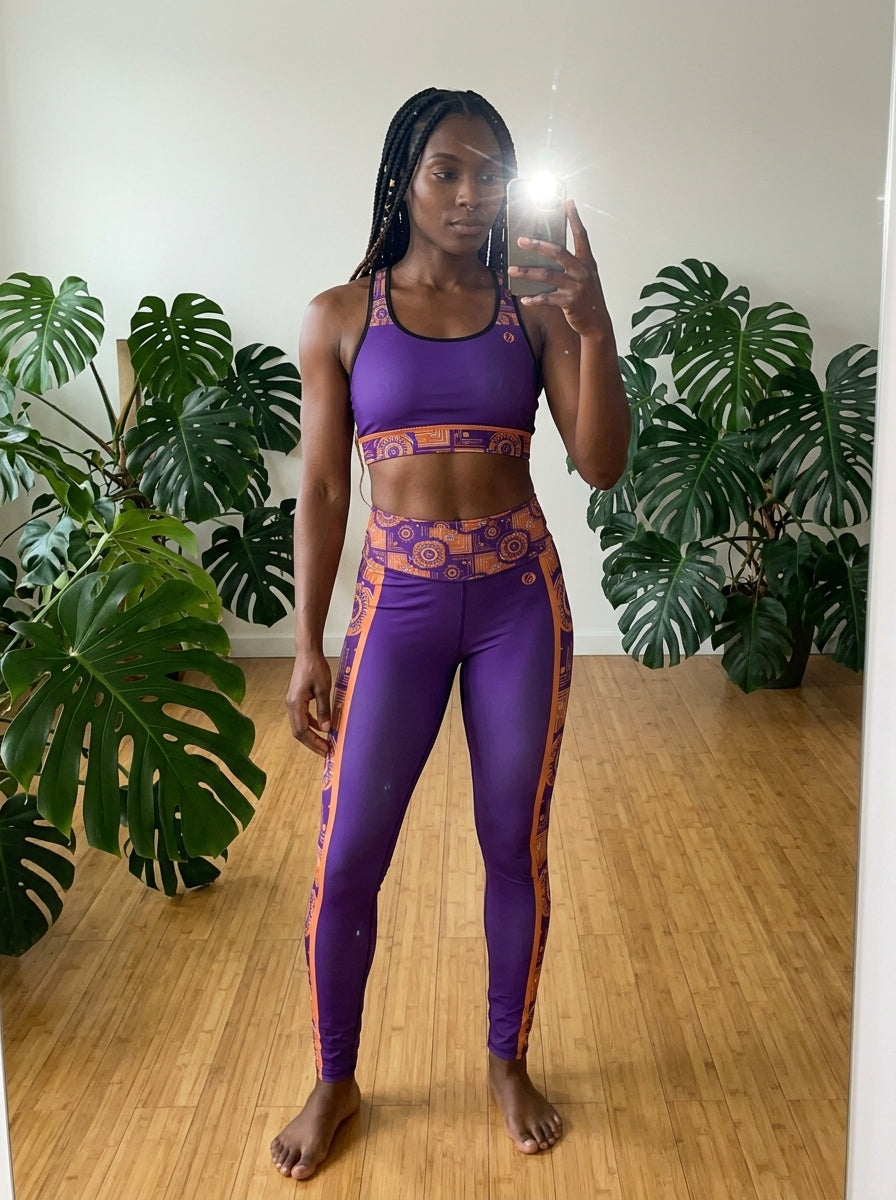Sankofa Set // Bra + Leggings — Royal Purple colorway — UGC mirror selfie in gym locker room, real fit — SunBorn