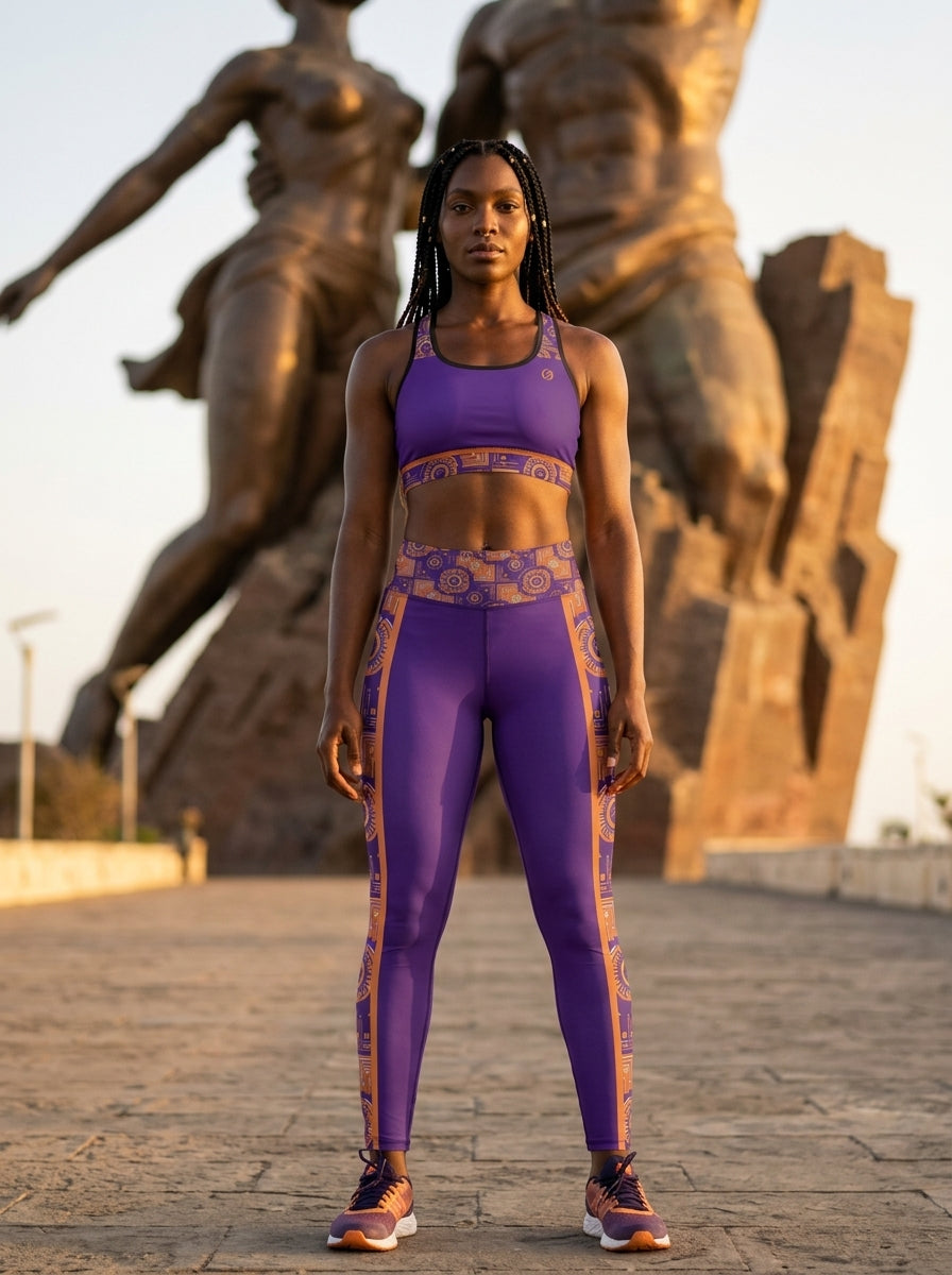 Sankofa Set // Bra + Leggings — Royal Purple colorway — editorial golden hour portrait — SunBorn