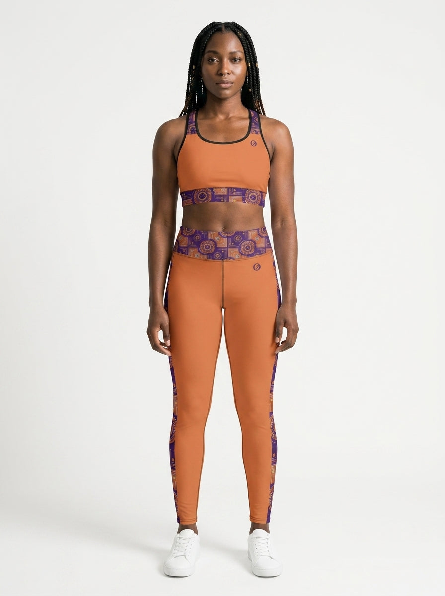 Sankofa Set // Bra + Leggings — Sango Orange colorway — studio front view — SunBorn